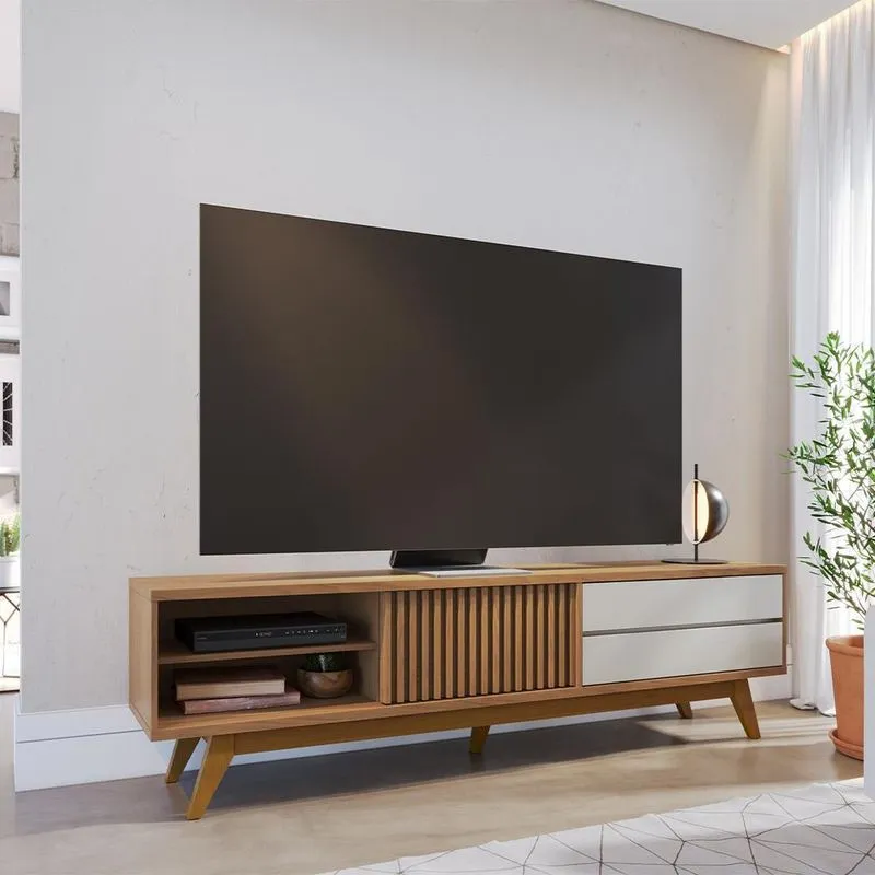 Bancada Tv Sala De Estar Genebra Portas Ripadas Duas Gavetas Pés Em Madeira Freijó/off White G73 - Gran Belo