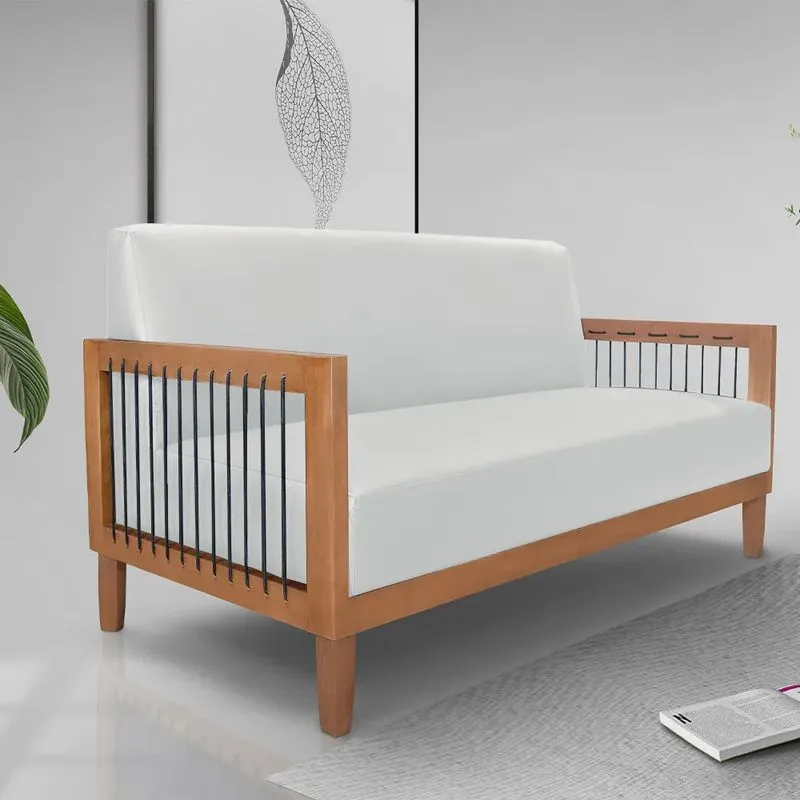 Sofá Namoradeira 2 Lugares Sala de Estar Pés Madeira Maciça Corda Náutica Preta 160cm Manila pu Branco G63 - Gran Belo