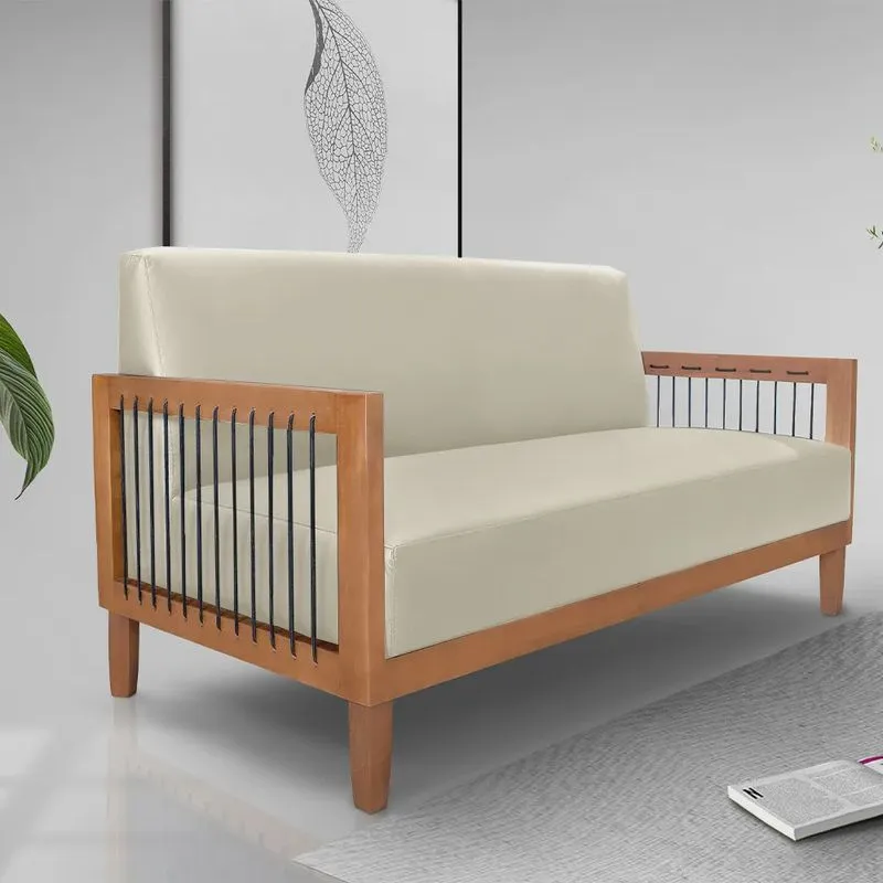 Sofá Namoradeira 2 Lugares Sala de Estar Pés Madeira Maciça Corda Náutica Preta 160cm Manila pu Bege G63 - Gran Belo