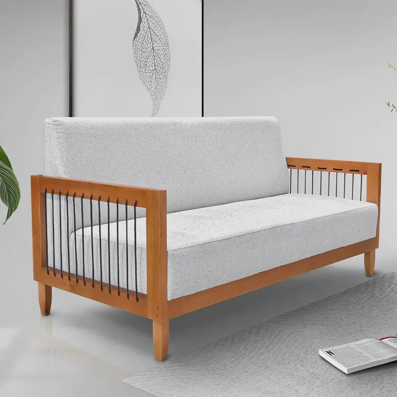 Sofá Namoradeira 2 Lugares Sala de Estar Pés Madeira Maciça Corda Náutica Preta 160cm Manila Linho Cinza Rústico G63 - Gran Belo