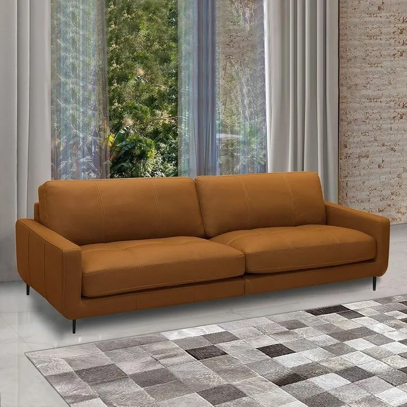 Sofá Decorativo Isaac 4 Lugares Sala De Estar 270cm Pés Em Aço Couro Caramelo