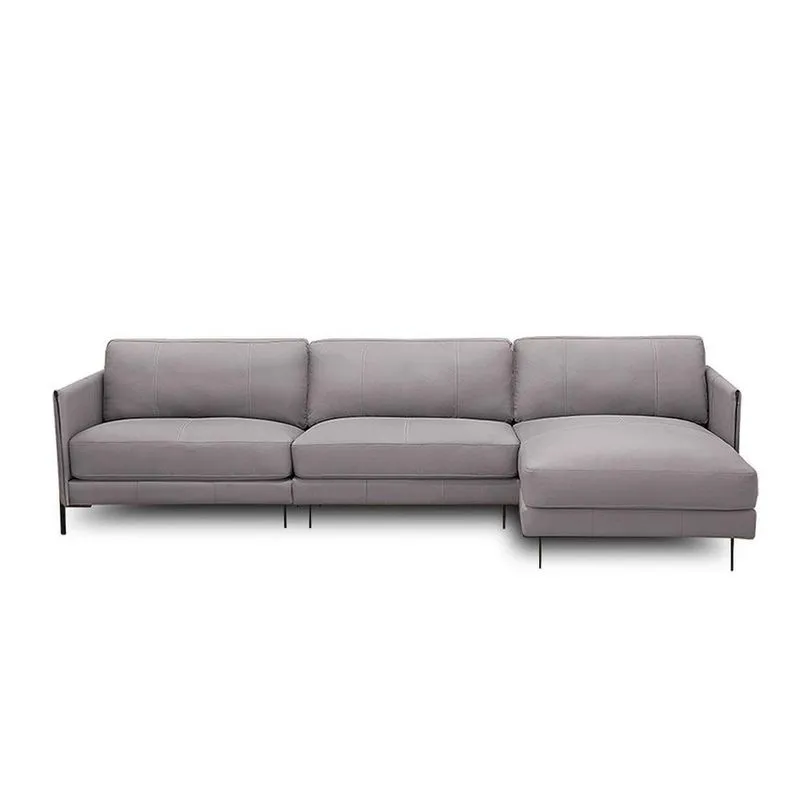 Sofá Decorativo Karine 5 Lugares Sala De Estar 300cm Com Chaise Pés Em Aço Couro Avelã