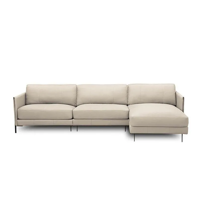 Sofá Decorativo Karine 5 Lugares Sala De Estar 300cm Com Chaise Pés Em Aço Couro Bege
