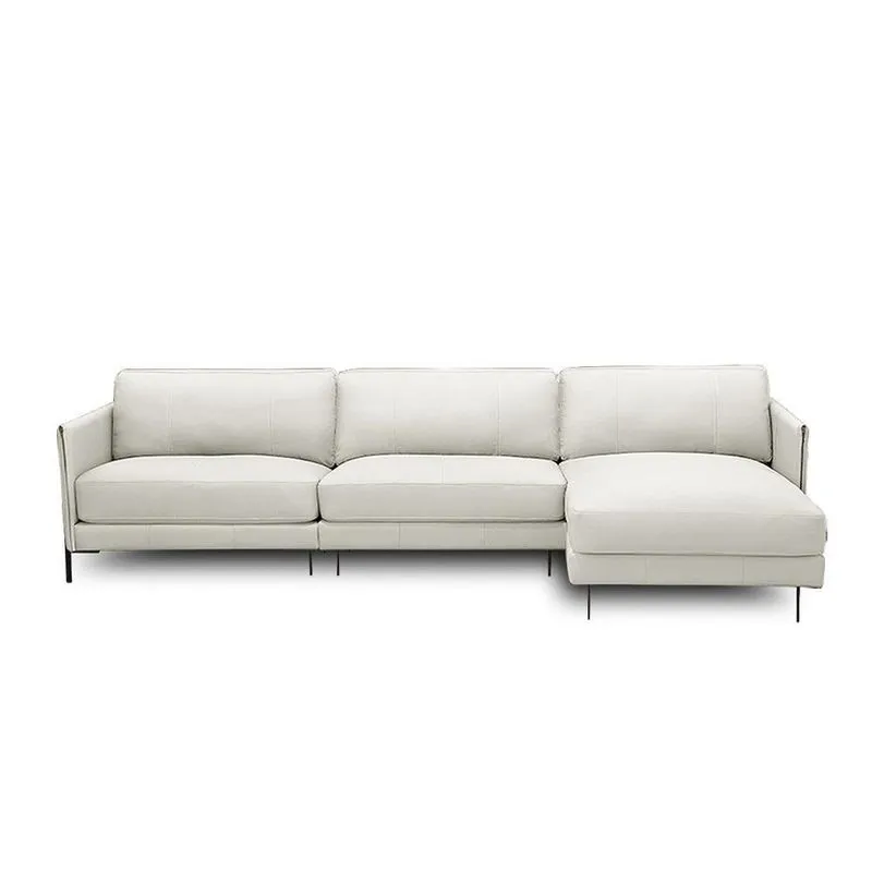 Sofá Decorativo Karine 5 Lugares Sala De Estar 300cm Com Chaise Pés Em Aço Couro Off White