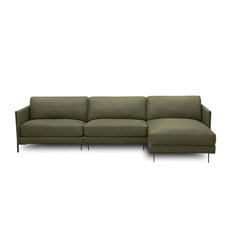 Sofá Decorativo Karine 5 Lugares Sala De Estar 330cm Com Chaise Pés Em Aço Couro Fendi
