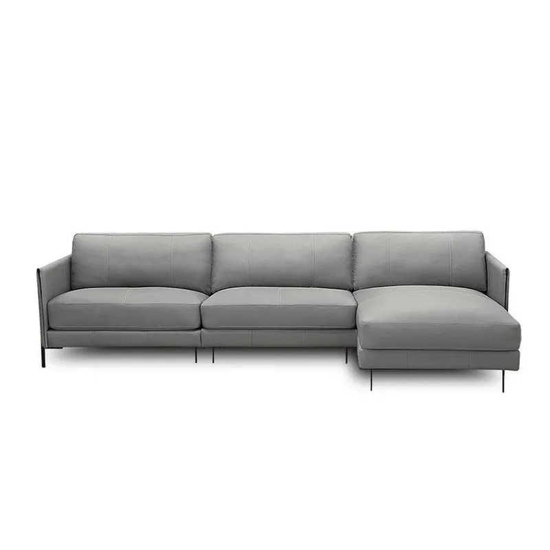 Sofá Decorativo Karine 5 Lugares Sala De Estar 330cm Com Chaise Pés Em Aço Couro Grafite