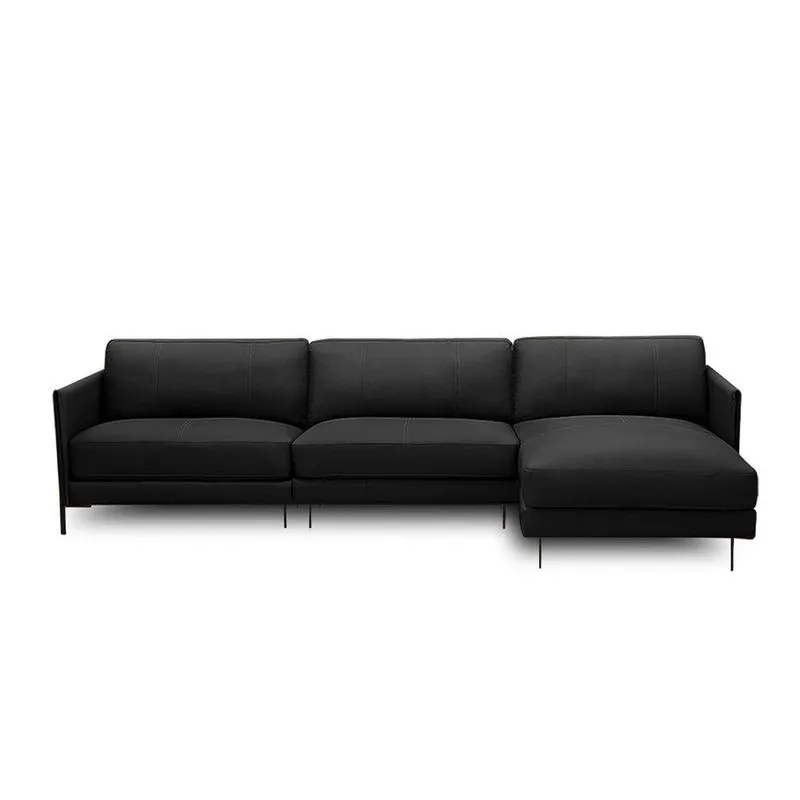 Sofá Decorativo Karine 5 Lugares Sala De Estar 330cm Com Chaise Pés Em Aço Couro Preto