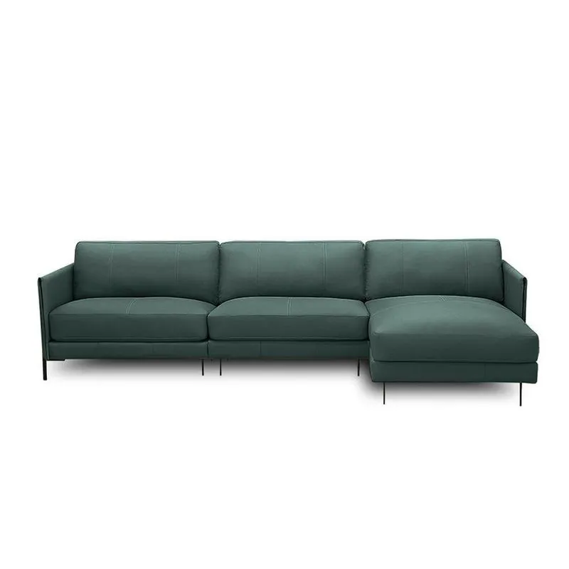 Sofá Decorativo Karine 5 Lugares Sala De Estar 330cm Com Chaise Pés Em Aço Couro Verde Musgo