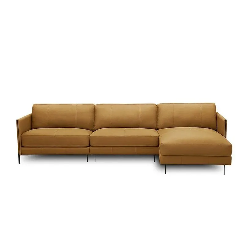 Sofá Decorativo Karine 6 Lugares Sala De Estar 360cm Com Chaise Pés Em Aço Couro Caramelo
