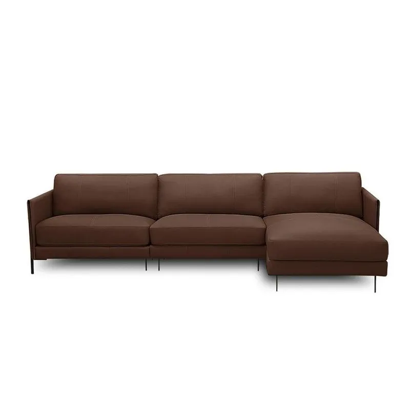 Sofá Decorativo Karine 6 Lugares Sala De Estar 360cm Com Chaise Pés Em Aço Couro Marrom Chocolate
