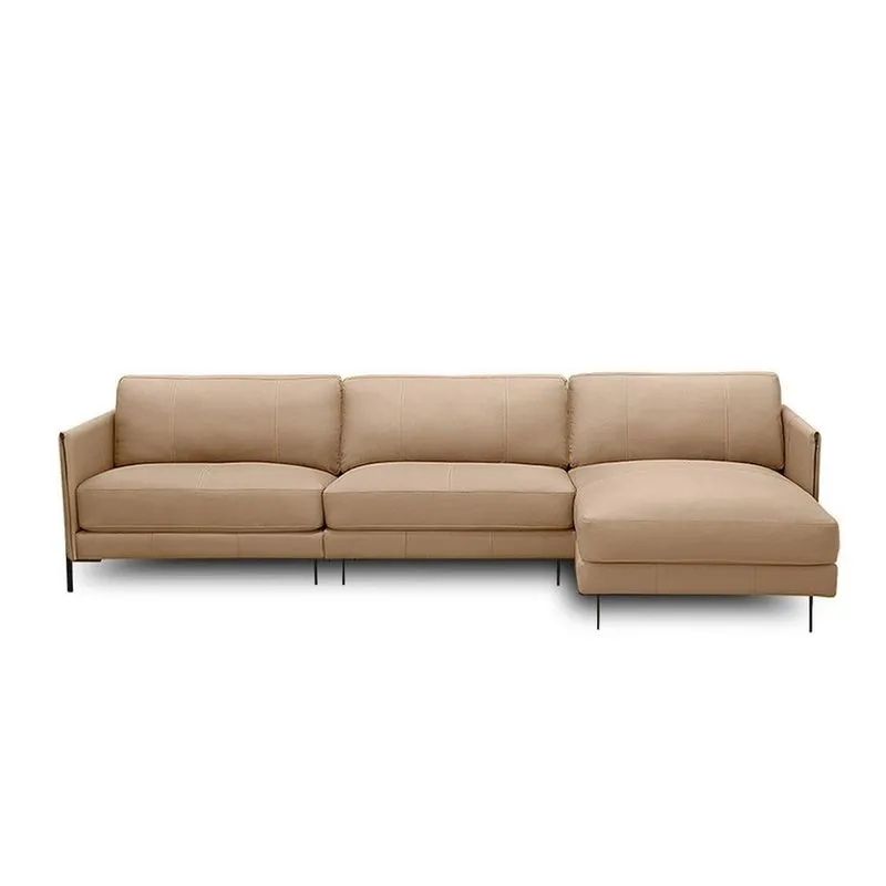 Sofá Decorativo Karine 6 Lugares Sala De Estar 360cm Com Chaise Pés Em Aço Couro Nude