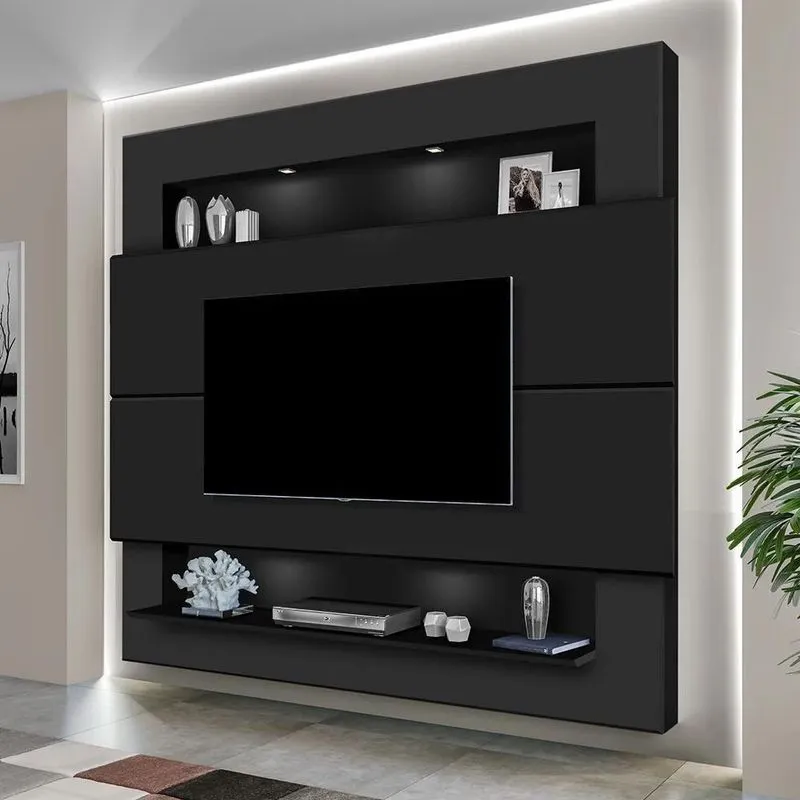Painel Suspenso Forlán 210cm Em mdf 25mm Com Led Suporta TV Até 75 Polegadas Preto Fosco Gran Belo