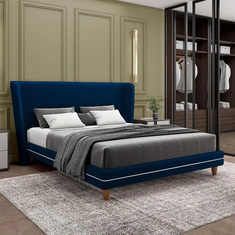 Conjunto Cama Com Cabeceira Casal Torres Pés Em Madeira Veludo Azul G91 - Gran Belo