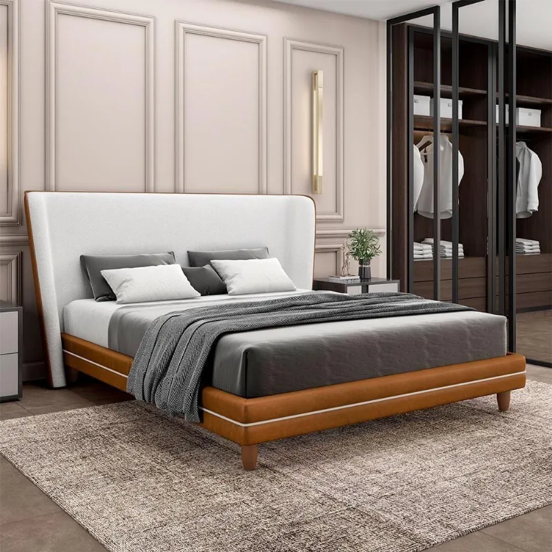 Conjunto Cama com Cabeceira Queen Torres Pu-bouclê Caramelo-off White G91 Gran Belo - Gran Belo