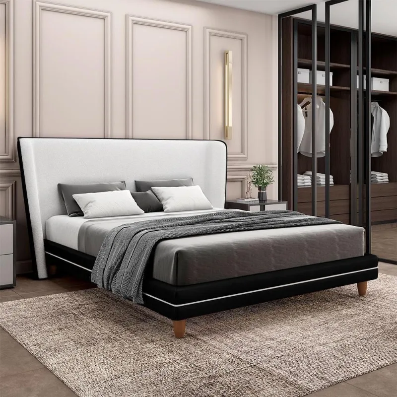 Conjunto Cama com Cabeceira Queen Torres Pu Bouclê Preto Off White Gran Belo