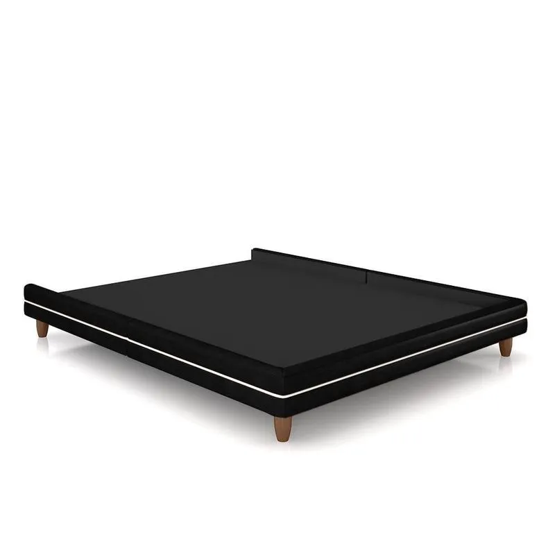 Cama Avulsa Para Colchão Casal Torres Pés Em Madeira Pu Preto G91 - Gran Belo