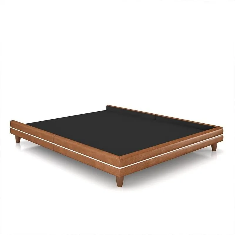 Cama Avulsa Para Colchão Casal Torres Pés Em Madeira Pu Caramelo G91 - Gran Belo