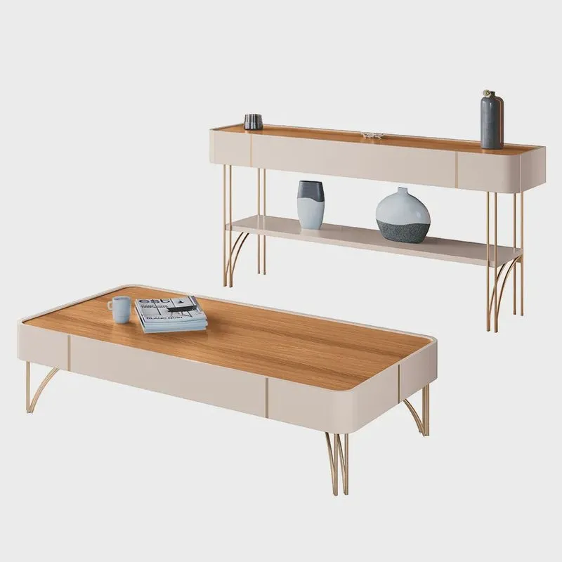 Conjunto Decorativo Aparador e Mesa de Centro Vivant/Cadenza mdp/mdf Pés de Aço Off White/Cinamomo G26 - hb Móveis