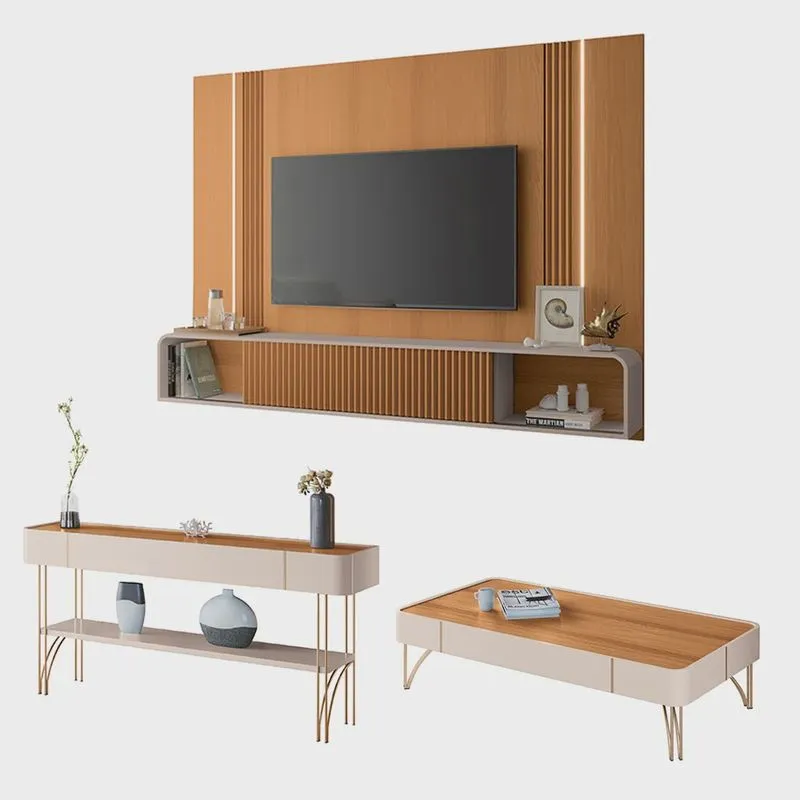 Conjunto Home Suspenso c/LED Aparador e Mesa de Centro Vivant/Cadenza/Empire mdf/mdp Cinamomo/Off White G26 - hb Móveis