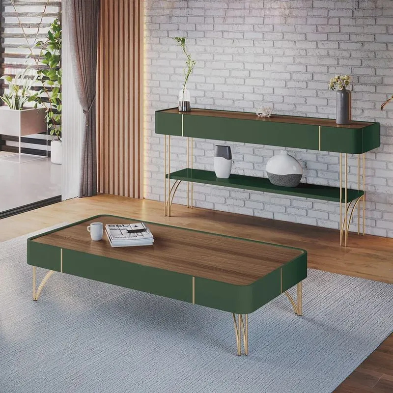 Conjunto Decorativo Aparador e Mesa de Centro Rennes Verde Pistache/Castanho G26 - Gran Belo