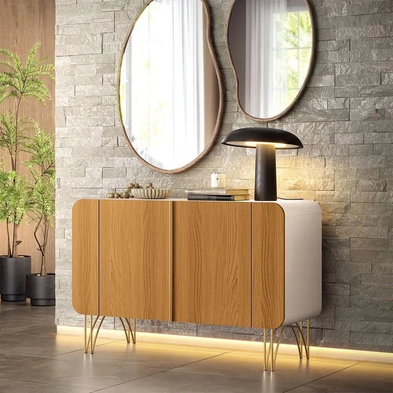 Buffet Benvenuto Mdp/mdf Sala De Estar Decorativo Com Pés Em Aço Off White/cinamomo G26 - Hb Móveis
