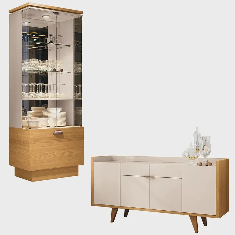 Conjunto Cristaleira e Buffet Aparador Decorativo Aura/Melodia Off White/Cinamomo G26 - hb Móveis