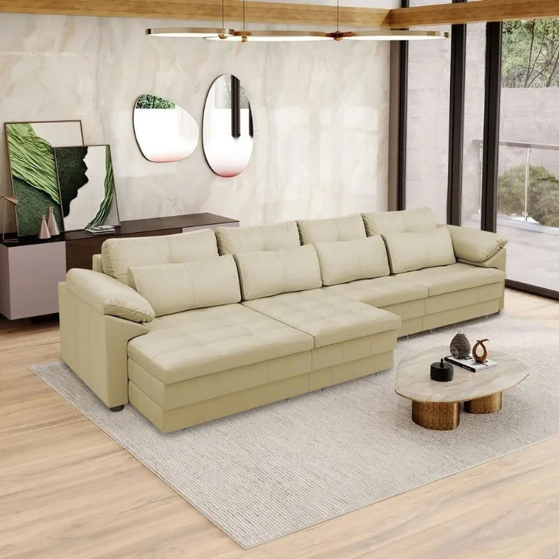 Sofá Retrátil Elétrico Nolan G58 4 Lugares 414cm Bege em Couro Gran Belo - Gran Belo