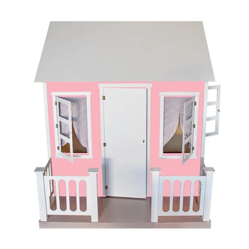 Casinha De Brinquedo L12 Com Cercado E Cortinas Rosa-branco Em Mdf Gran Belo