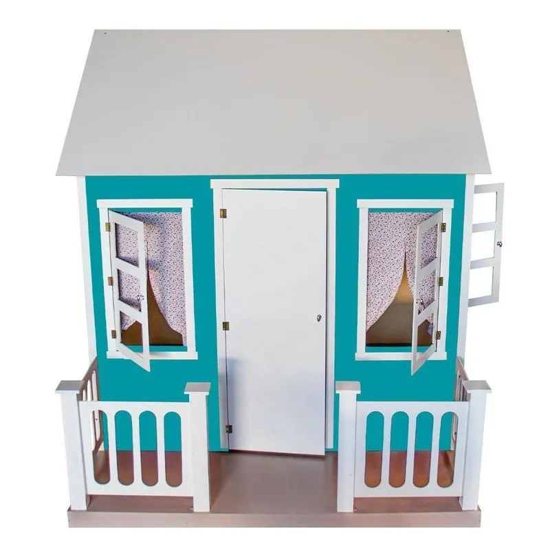 Casinha De Brinquedo Com Cercado E Cortinas L12 Azul Branco Em Mdf Gran Belo