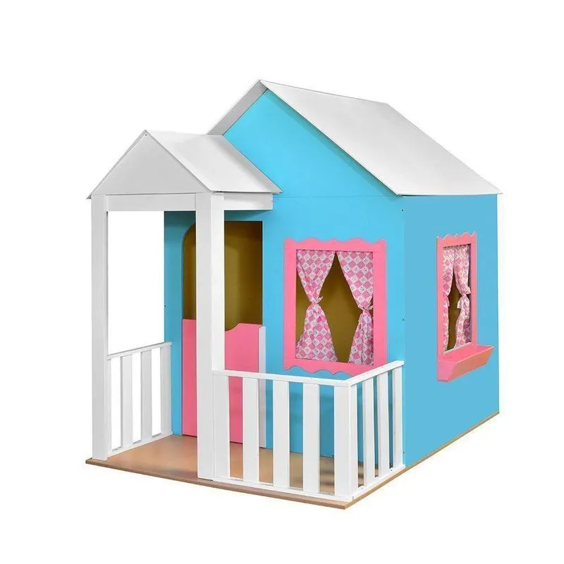 Casinha De Brinquedo Com Cercado L12 Azul-Rosa Em Mdf Para Ambiente Interno Gran Belo