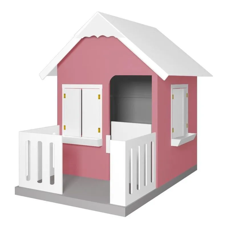 Casinha De Brinquedo Com Cercado E Floreiros L12 Mdf Rosa E Branco Gran Belo