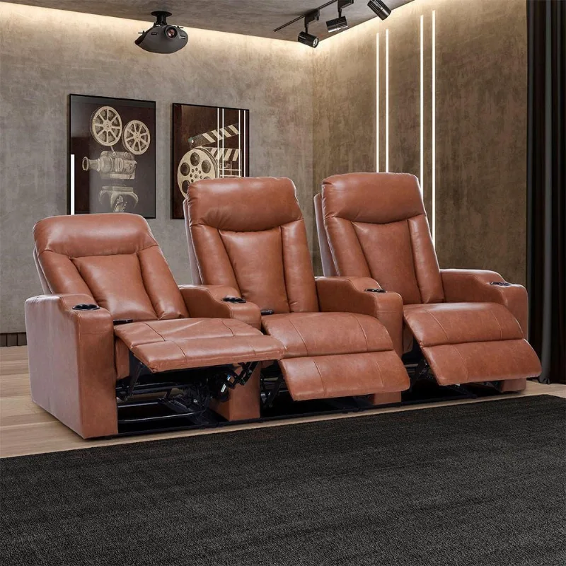Poltrona 3 Lugares Reclinável Vancouver G94 Porta Copos Pu Caramelo Gran Belo - Gran Belo