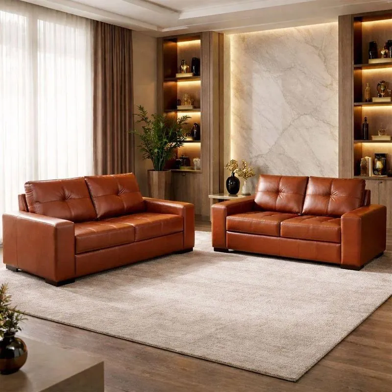 Conjunto De Sofás Turim 2 E 3 Lugares Caramelo Couro Laura Lar Gran Belo