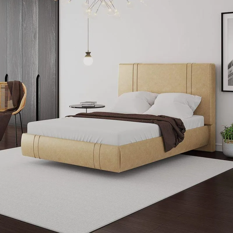 Cama Box Casal Aspen Base Flutuante Cabeceira Estofada Pu Bege Gran Belo