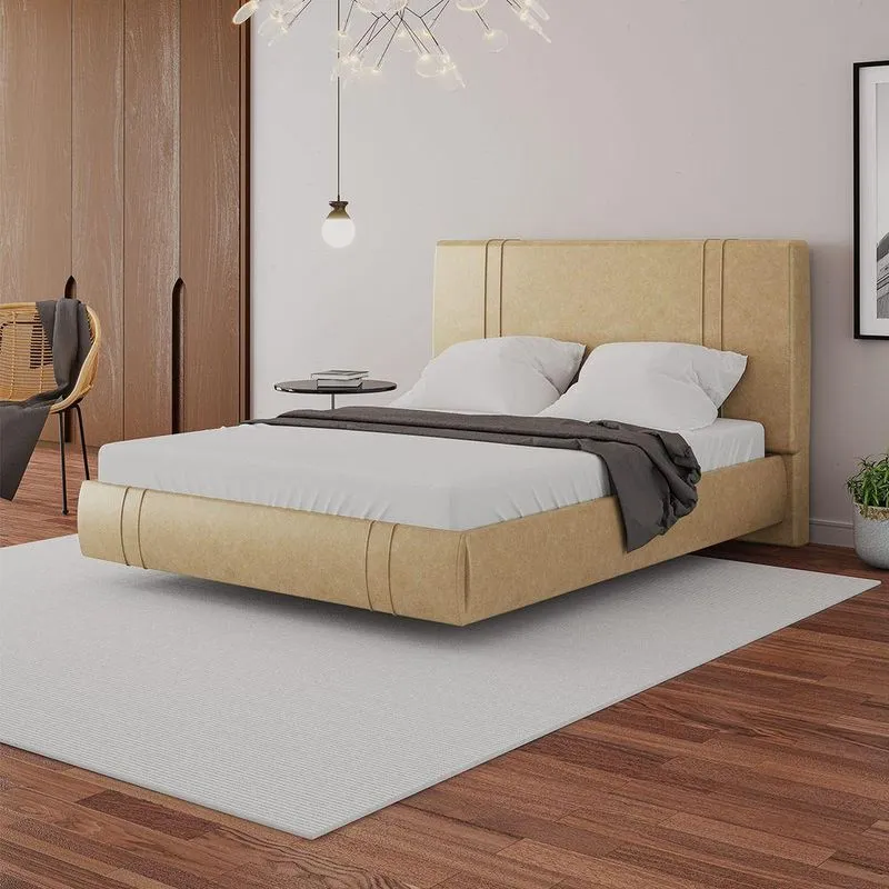 Cama Box Queen Aspen Base Flutuante Cabeceira Estofada PU Bege Gran Belo