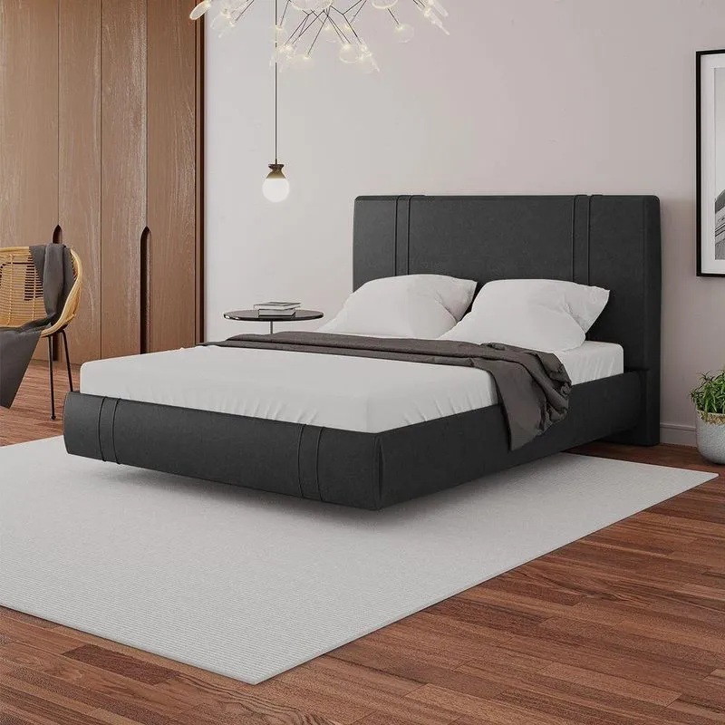 Cama Box Queen Aspen Base Flutuante Cabeceira Estofada PU Preto Gran Belo