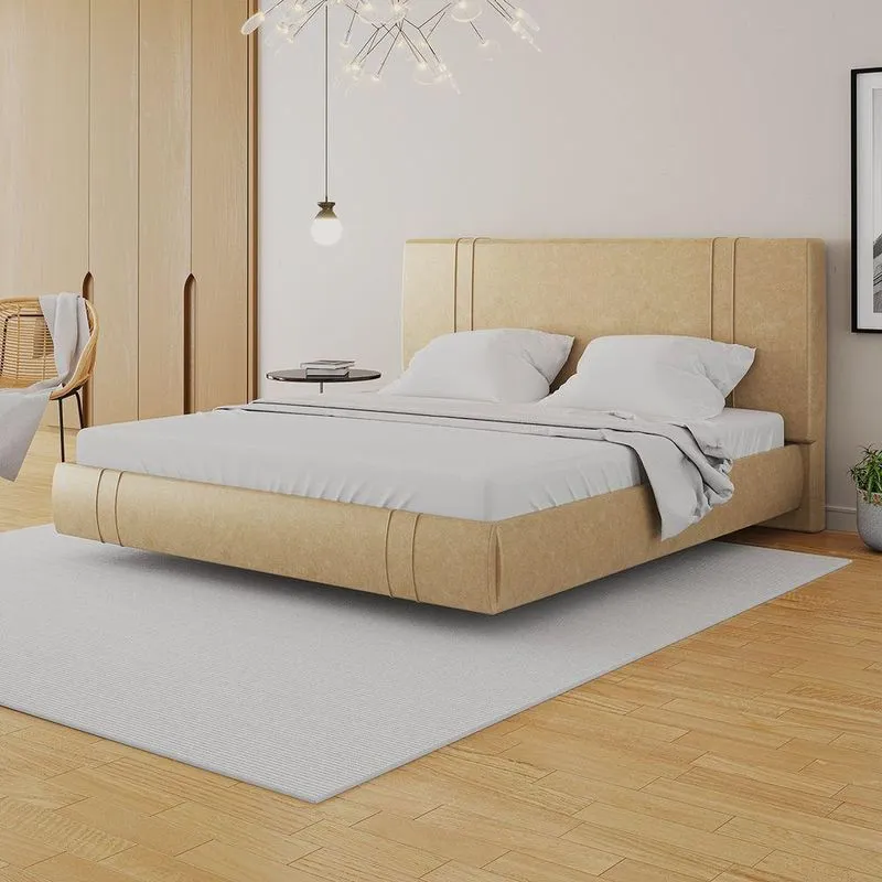 Cama Box King Aspen Base Flutuante Com Cabeceira Estofada PU Bege Gran Belo