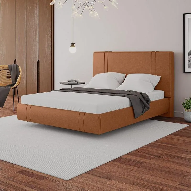 Cama Box Queen Aspen Base Flutuante Courino Caramelo Gran Belo