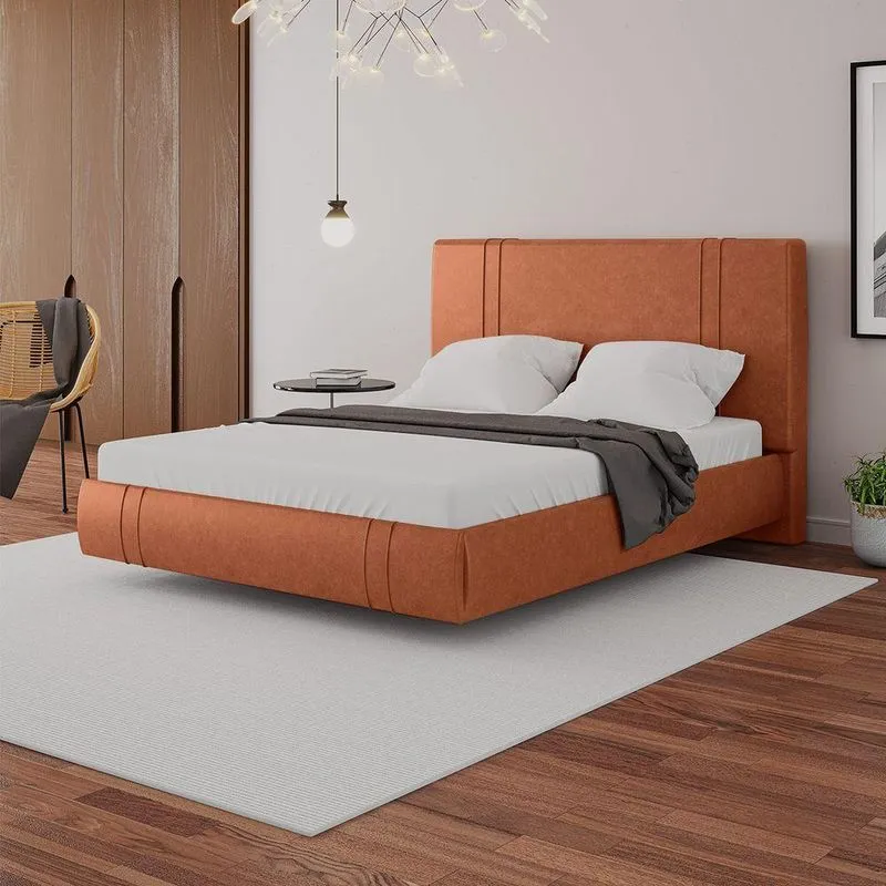 Cama Box Queen Aspen Base Flutuante Com Cabeceira Estofada Pu Brilho Telha Gran Belo