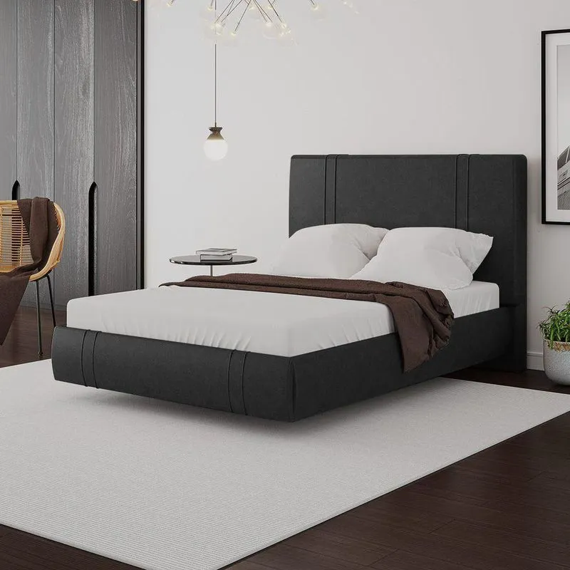 Cama Box Casal Aspen Com Cabeceira Estofada Base Flutuante PU Preto Gran Belo