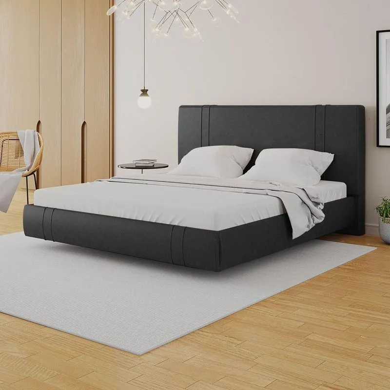 Cama Box King Aspen Base Flutuante Com Cabeceira Estofada PU Preto Gran Belo