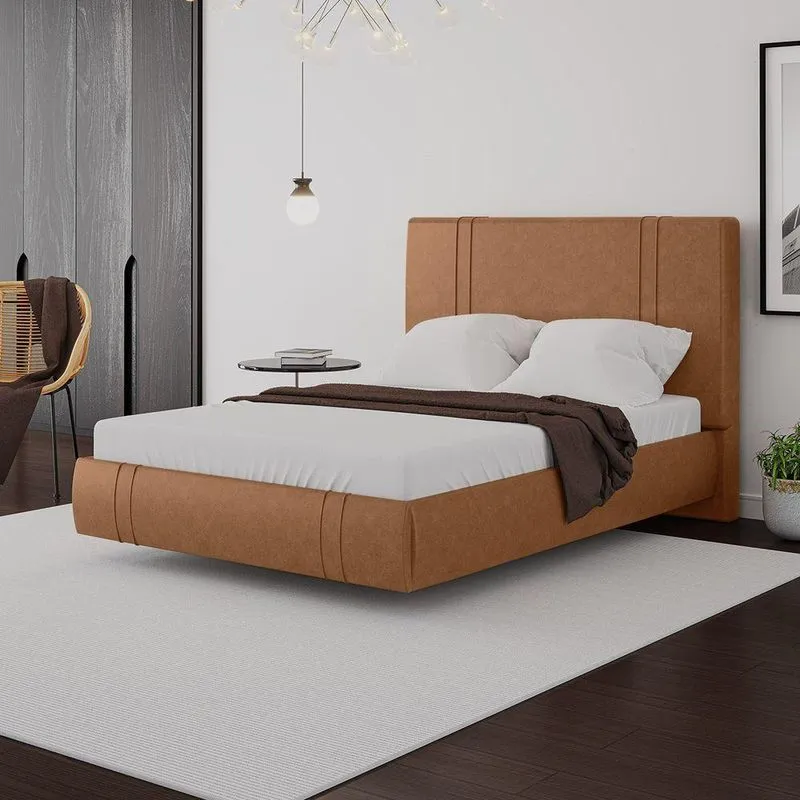 Cama Box Casal Aspen Base Flutuante Cabeceira Estofada Pu Caramelo Gran Belo