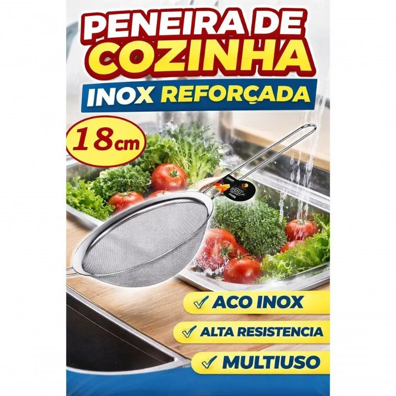 Peneira de Cozinha 18cm Inox para Coar Alimentos Aço Inox Resistente Malha Fina Cozinha Inox