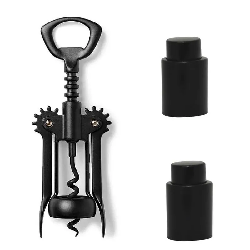 Saca Rolhas Preto Fosco Borboleta E 2 Tampas Vacuo