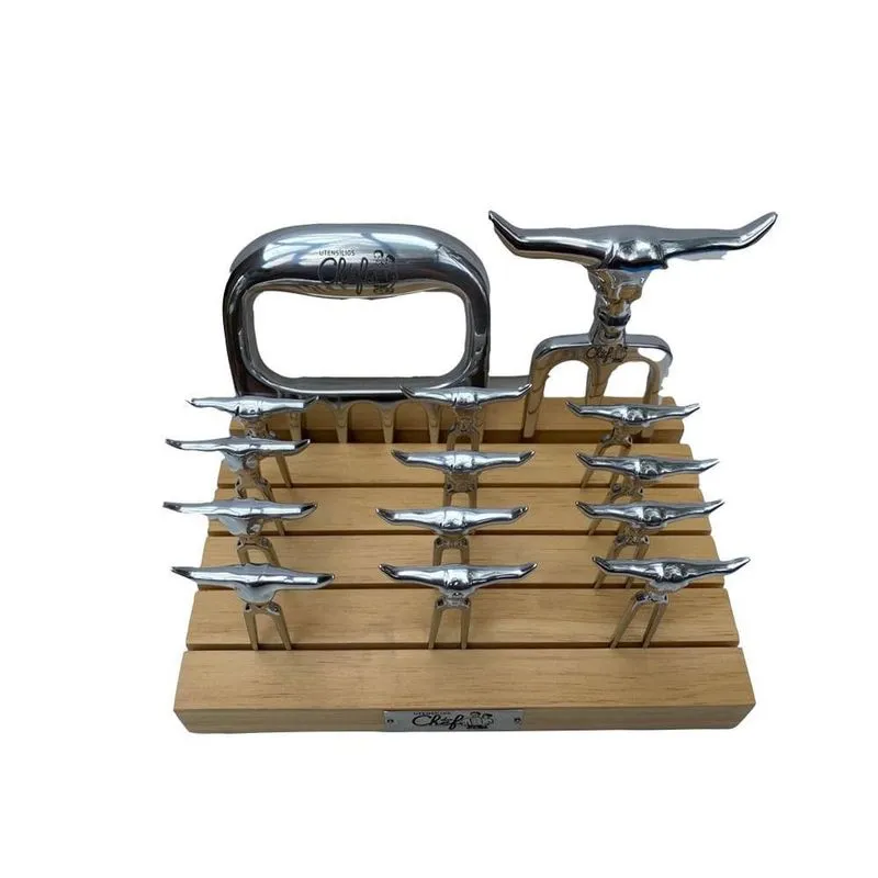 Tridente, Garra Touro Suporte Madeira Churrasco + 12 Garfinhos
