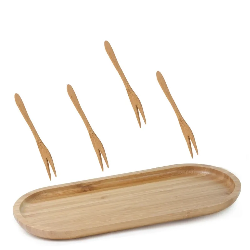 Bandeja Petisqueira de bambu 34 x 14cm com 4 Garfinhos