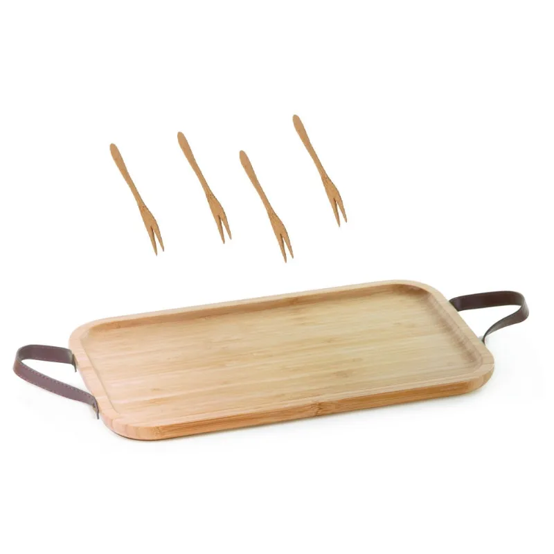 Bandeja de bambu com alça de couro 35cm e 4 garfinhos