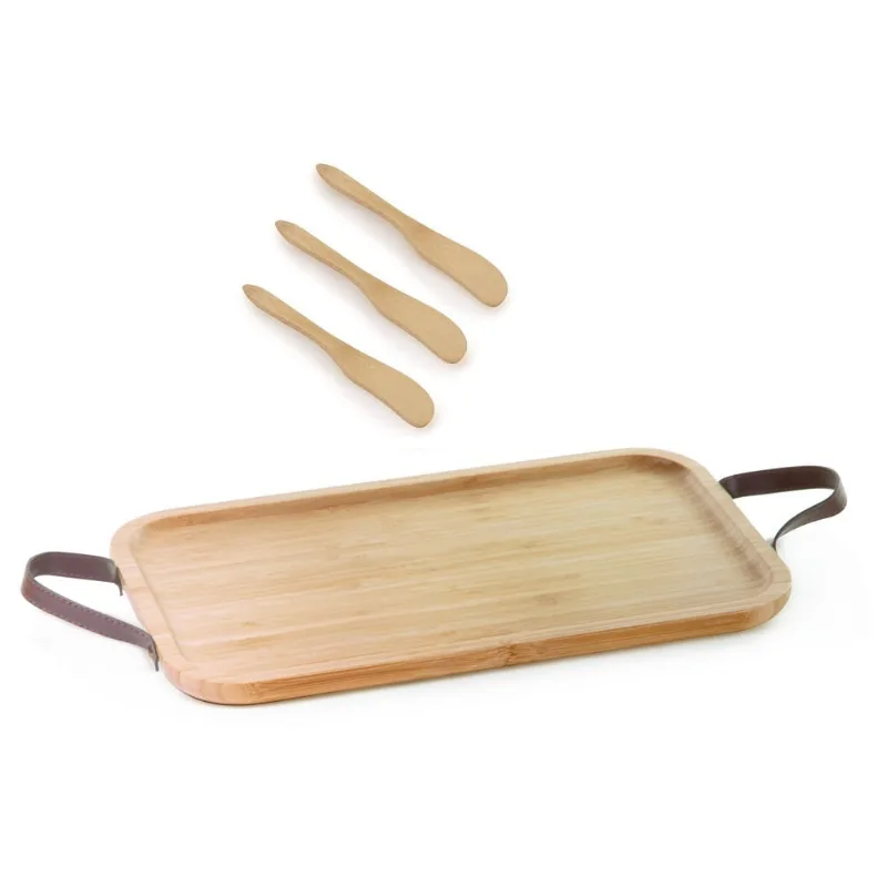 Bandeja de bambu com alça de couro 28cm e 3 espatulas