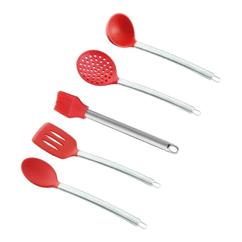 Conjunto De 5 Utensilios Silicone Com Aço Inox