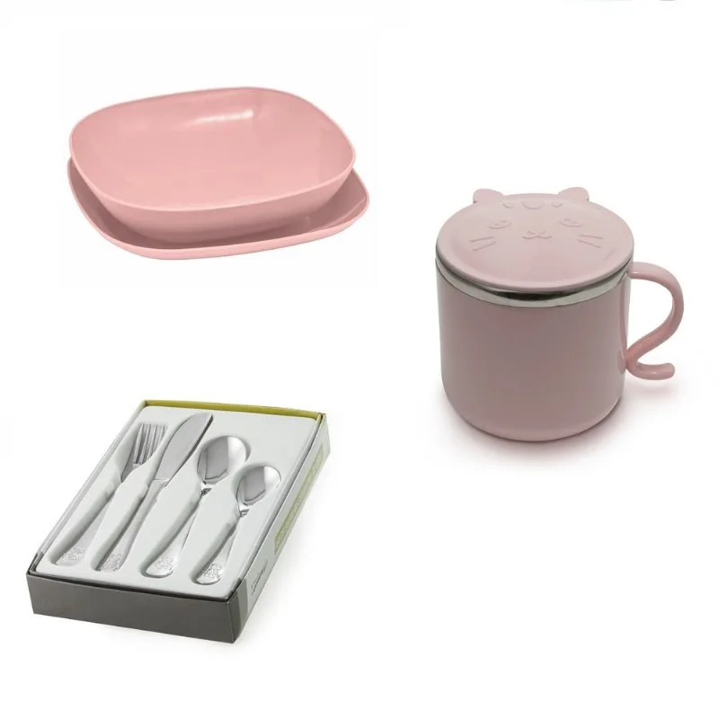 Conjunto Infantil Refeição Gatinho Ursinho - Faqueiro Rosa